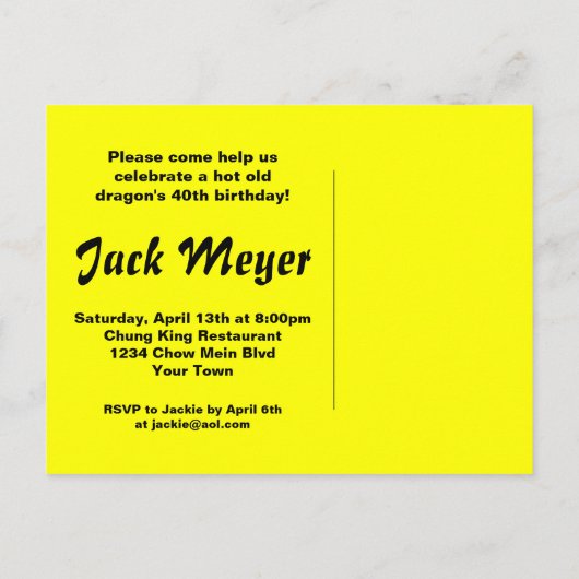 Yung No Mo 40e verjaardag Briefkaart Uitnodiging (Achterkant)