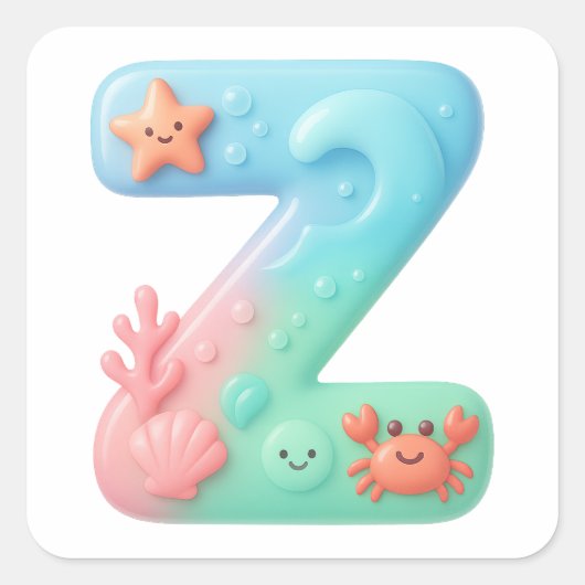 "Z" Cute Letter - Underwater Sea Creature Vierkante Sticker (Voorkant)
