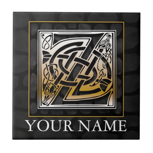 Z "Jouw naam" Celtic Black Stone Monogram Tegel Tegeltje (Voorkant)