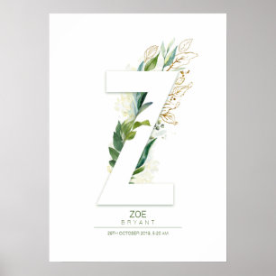 Z Letter Monogram Gold Greenery Foliage Dreamweave Poster