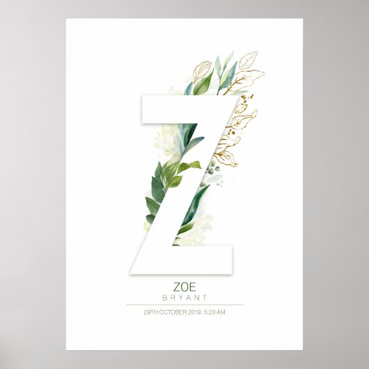 Z Letter Monogram Goud Groene Bladeren Droomachtig Poster (Voorkant)