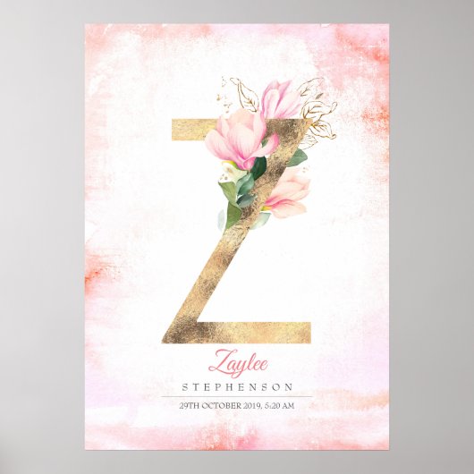 Z Letter Monogram Gouden Bladeren Roze Magnolia Bl Poster (Voorkant)