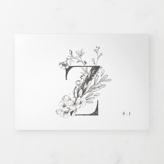 'Z' Monogram mooi geborsteld Floral Wedding Drieluik Uitnodiging (Cover)