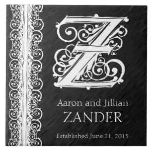 Z Monogram "White Lace on Black" Wedding Tegel Tegeltje