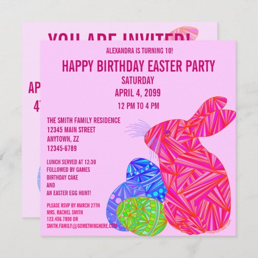 Z Pink Bunny Easter dan met Birthday Party Invite Kaart (Voorkant / Achterkant)