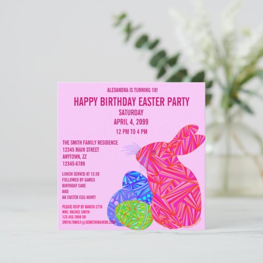 Z Pink Bunny Easter dan met Birthday Party Invite Kaart (Staand voorkant)