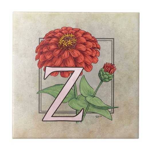 Z voor Zinnias Bloem Monogram Kunst Tegeltje (Voorkant)