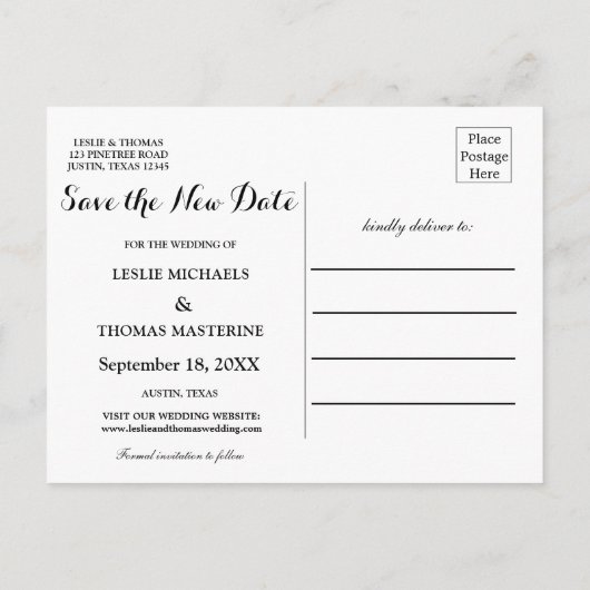 Z&W gepersonaliseerde 'Save the New Date' ansichtk Briefkaart (Achterkant)