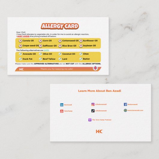 Zaadolie Allergie Kaart Notitiekaartje (Voorkant / Achterkant)