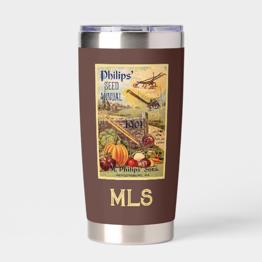 Zaadpakket Catalogus Groente Boerderij Antiek Init Geïsoleerde Drinkbeker (Voorkant)
