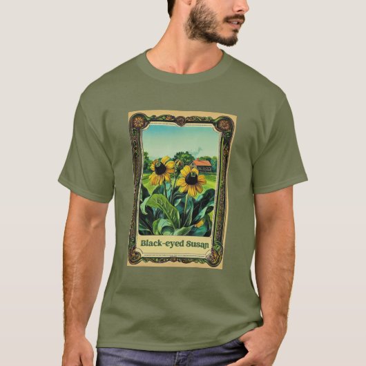 Zaadpakket ontwerp van Black Eyed Susan op Olive C T-shirt (Voorkant)