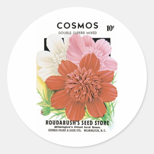zaadpakketkunst, kosmos tuinbloemen ronde sticker (Voorkant)