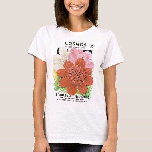  zaadpakketkunst, kosmos tuinbloemen t-shirt (Voorkant)