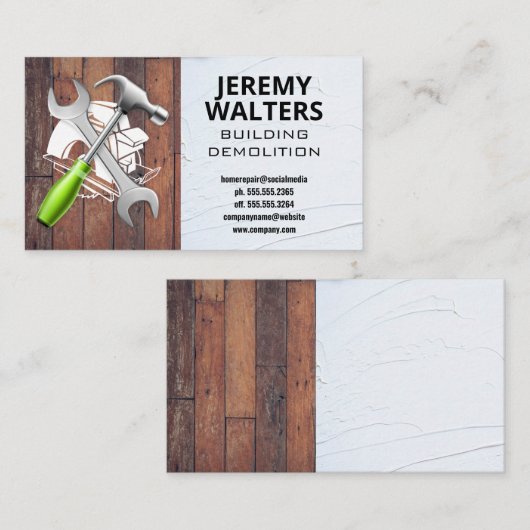 Zaag | Sleutel | Hamer | Hout en Stuc Visitekaartje (Voorkant / Achterkant)