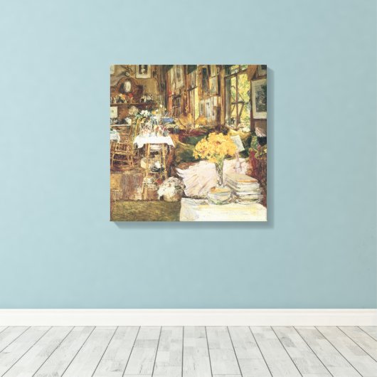 Zaal bloemen van Childe Hassam,  Kunst Canvas Afdruk (Insitu (Houten vloer))