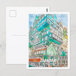 Zaandam Nederland Beroemde Reisplaats Waterverf Briefkaart