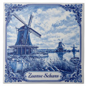 Zaanse Schans Delft Blue style ceramic tile Tegeltje (Voorkant)