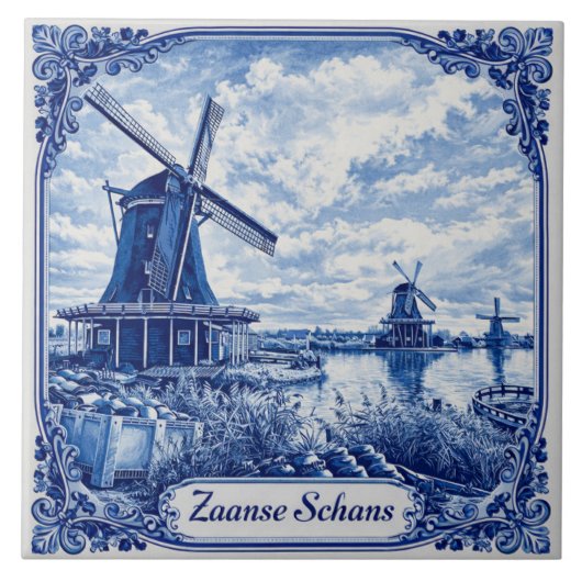Zaanse Schans Delft Blue style ceramic tile Tegeltje (Voorkant)