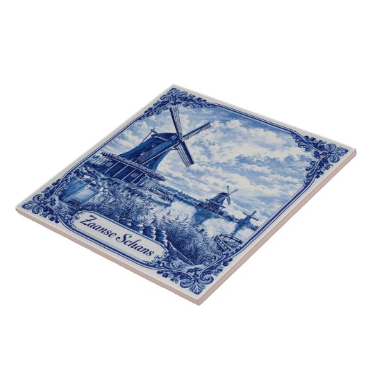 Zaanse Schans Delft Blue style ceramic tile Tegeltje (Zijkant)