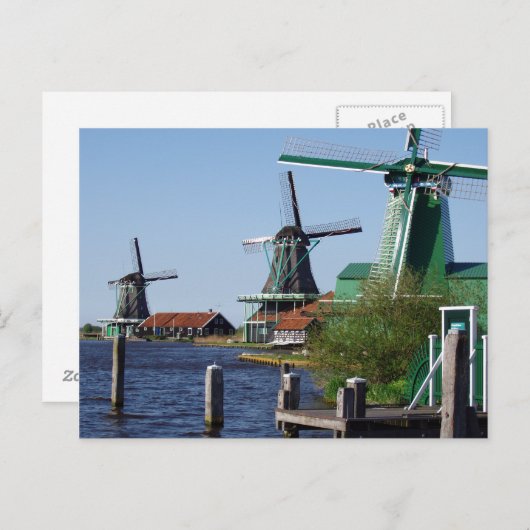 Zaanse Schans Nederlandse windmolens groen en wit Briefkaart (Voorkant / Achterkant)