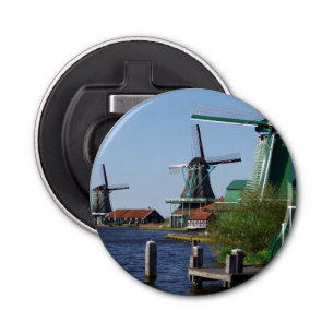 Zaanse Schans Nederlandse windmolens groen en wit Button Flesopener