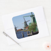 Zaanse Schans Nederlandse windmolens groen en wit Vierkante Sticker (Envelop)