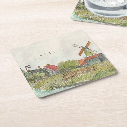 Zaanse Schans Zaandam Netherlands Waterverf Poste Kartonnen Onderzetters (Schuin)