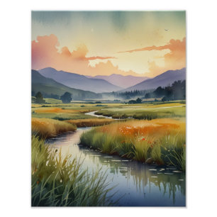 Zach Waterverf Dromerig Landschap Foto Afdruk