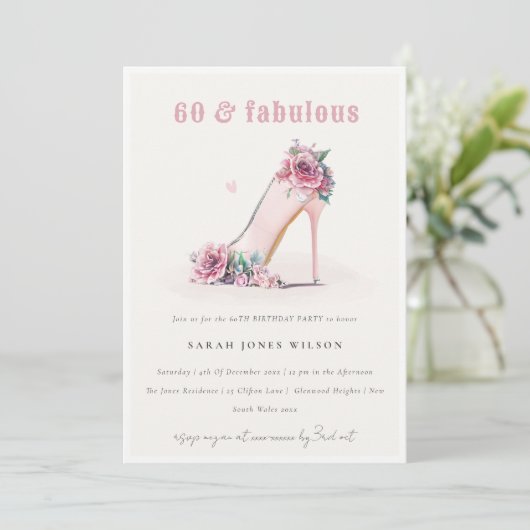 Zacht 60 Fabulous Blush High Heels Floral Birthday Kaart (Staand voorkant)