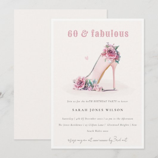 Zacht 60 Fabulous Blush High Heels Floral Birthday Kaart (Voorkant / Achterkant)