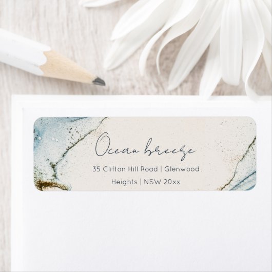 Zacht Abstract Waterverf Blue Gold Beachy Adres Etiket (Insitu)