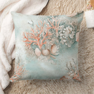 Zacht Aqua Oceanschelpen Botanisch Patroon Kussen