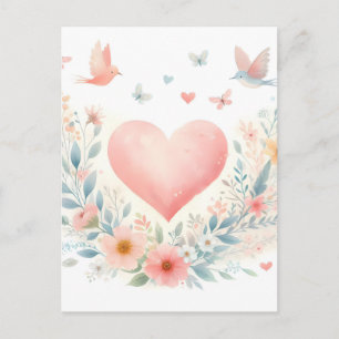 Zacht Aquarel Hart Liefde Bloemen Vogels Feestdagenkaart