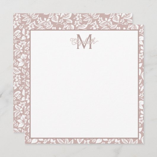 Zacht Beige en Witte Bloemen Monogram Notitiekaartje (Voorkant / Achterkant)