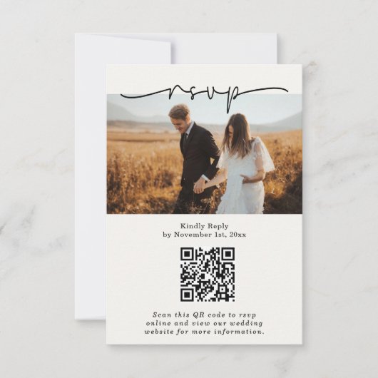 Zacht Beige Minimalistische Script QR-code Fotobru RSVP Kaartje (Voorkant)