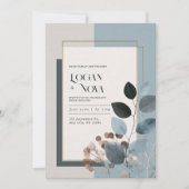 Zacht blauw aards gebladerte botanische bruiloft kaart (Voorkant)