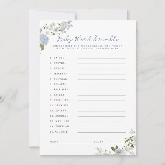 Zacht Blauw Bloemen Baby Woord Scramble Kaart (Voorkant)