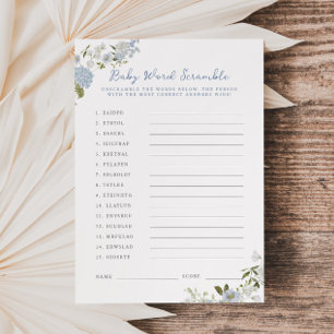Zacht Blauw Bloemen Baby Woord Scramble Kaart
