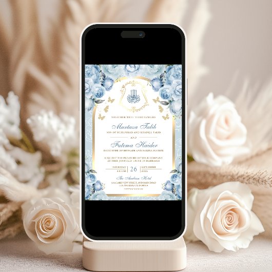 Zacht Blauw Bloemen Gouden Boog Moslim Huwelijk Kaart