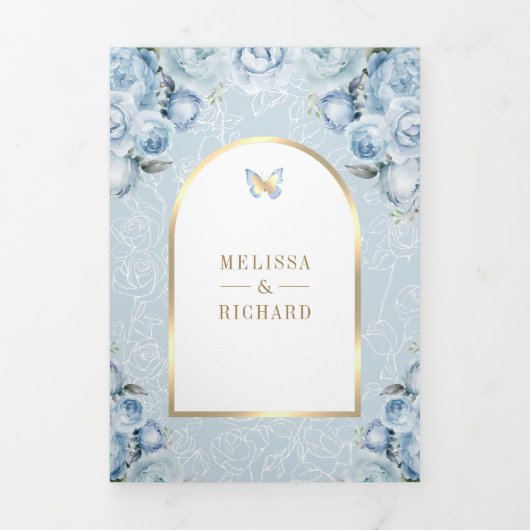 Zacht Blauw Bloemen Gouden Boog Vlinderbruiloft Drieluik Uitnodiging (Cover)