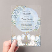 Zacht Blauw Bloemen Leuke Olifanten Twins Baby sho Acryl Uitnodigingen (Insitu (Draagbaar))