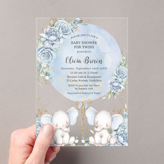 Zacht Blauw Bloemen Leuke Olifanten Twins Baby sho Acryl Uitnodigingen (Insitu (Draagbaar))