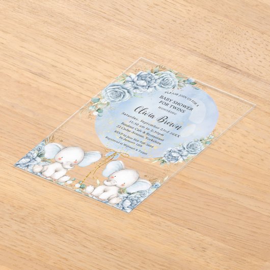 Zacht Blauw Bloemen Leuke Olifanten Twins Baby sho Acryl Uitnodigingen (Laagn)