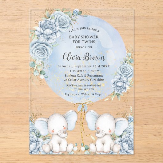 Zacht Blauw Bloemen Leuke Olifanten Twins Baby sho Acryl Uitnodigingen (Voorkant)