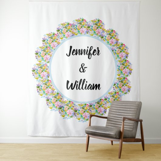 Zacht Blauw Bloemen Romantisch Bruiloft Achtergron Wandkleed (In situ)