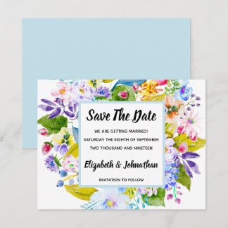 Zacht Blauw Bloemen Romantisch Save The Date Kaart