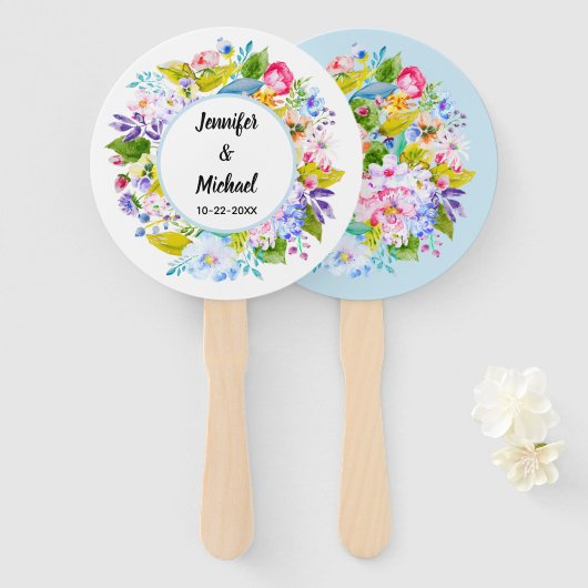 Zacht Blauw Bloemen Romantische Bruiloft Gast Fans Handwaaier (Voorkant en achterkant)