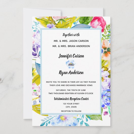 Zacht Blauw Bloemen Romantische Huwelijksuitnodigi Kaart (Voorkant)