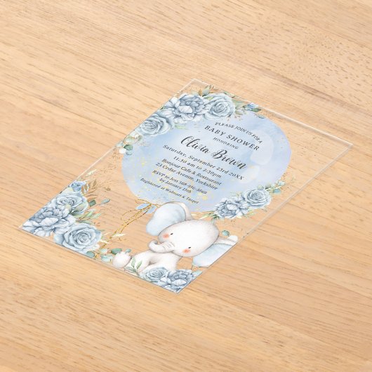 Zacht Blauw Bloemenballon Olifant Boy Baby shower Acryl Uitnodigingen (Laagn)