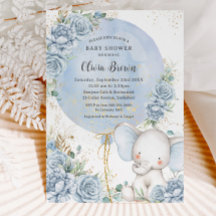 Zacht Blauw Bloemenballon Olifant Boy Baby shower